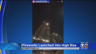 Caught On Camera Fireworks Collide With DTLA HighRise Apartment Building [upl. by Zenobia]