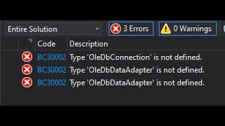 How to fix BC30002 Type OleDbConnection is not defined in Vbnet Visual Studio 2019 [upl. by Acinaj641]